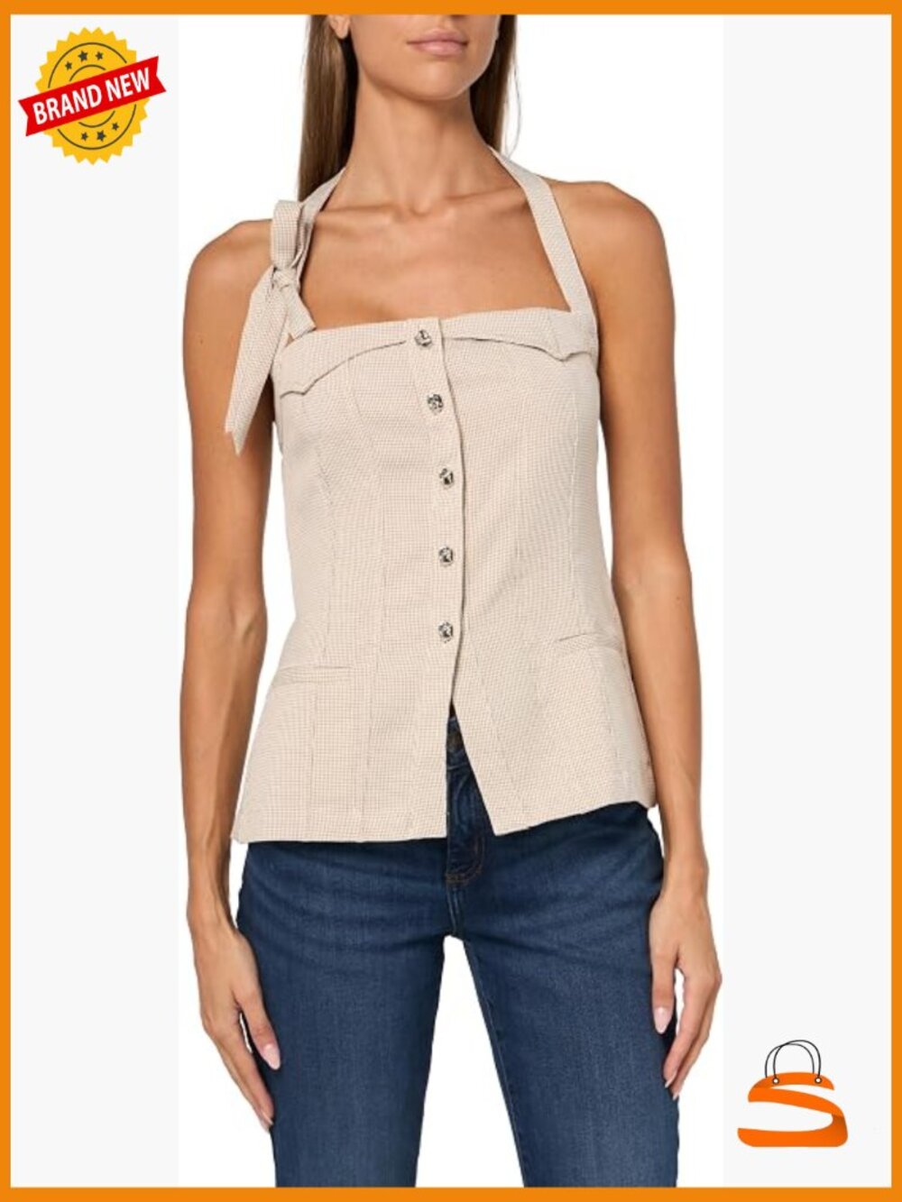 Halter Neck Vest Top with Smocked Back, Button Front, Sleeveless